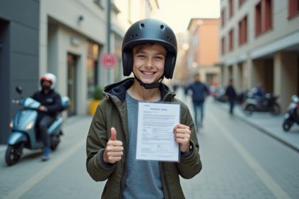 Jeune homme avec permis scooter dans un décor urbain
