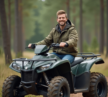 Jeune homme souriant sur un quad tout-terrain en forêt