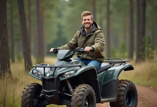 Jeune homme souriant sur un quad tout-terrain en forêt
