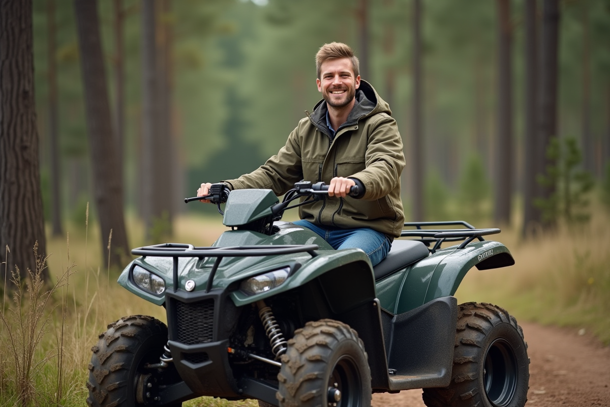Jeune homme souriant sur un quad tout-terrain en forêt