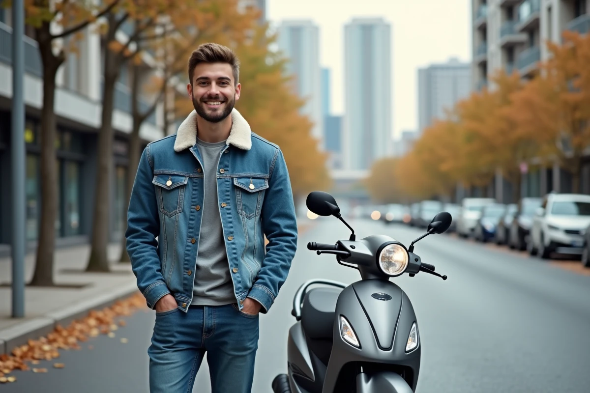 Jeune homme souriant avec scooter en ville automnale