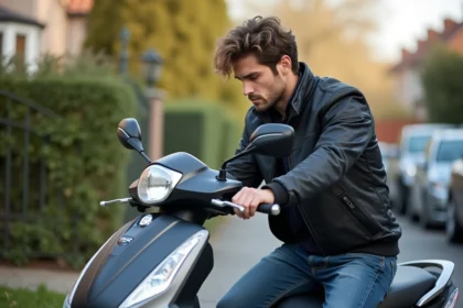 Jeune homme examine un scooter 125cc dans une rue résidentielle