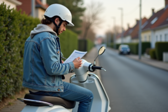 Jeune homme lisant un petit livret près d'un scooter 125cc