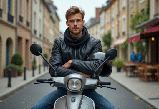 Jeune homme en moto scooter dans un quartier français