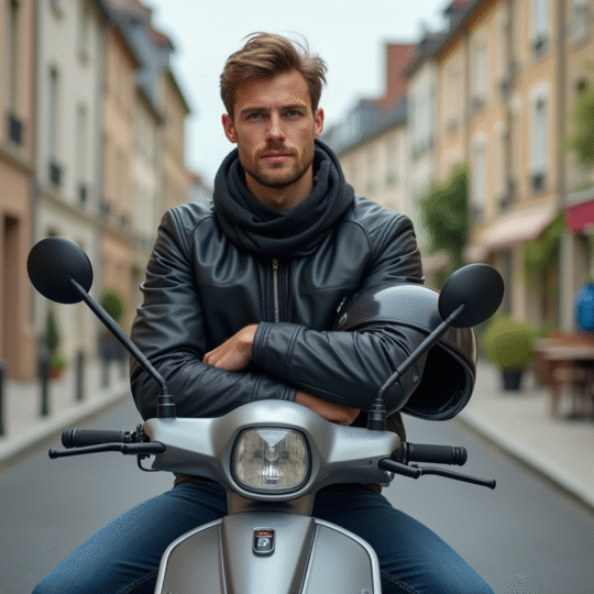 Jeune homme en moto scooter dans un quartier français