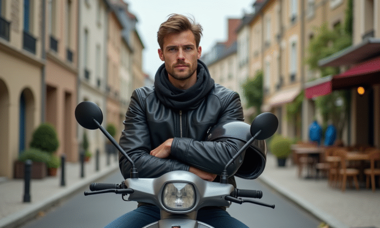 Jeune homme en moto scooter dans un quartier français