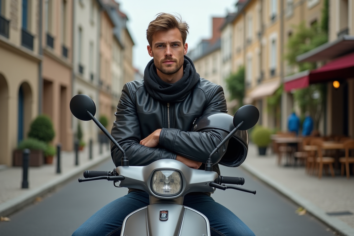 Jeune homme en moto scooter dans un quartier français