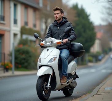 Jeune homme avec scooter 125cc en rue tranquille