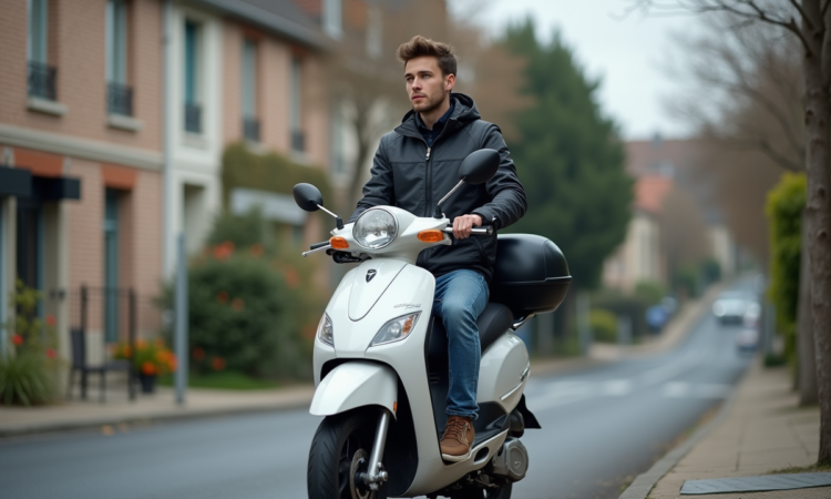 Jeune homme avec scooter 125cc en rue tranquille