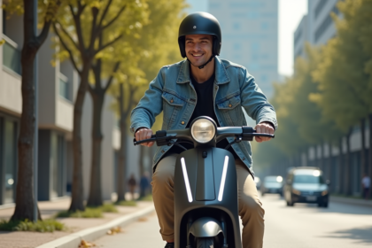 Jeune homme en denim et casque sur scooter électrique en ville