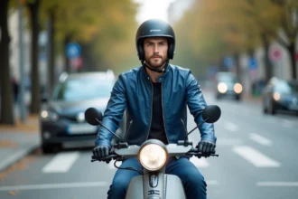 Jeune homme en scooter dans une ville européenne
