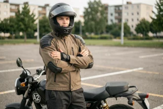 Jeune motard avec permis A2 debout à côté d'une moto homologuée A2 dans un parking urbain