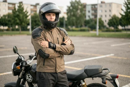 Jeune motard avec permis A2 debout à côté d'une moto homologuée A2 dans un parking urbain