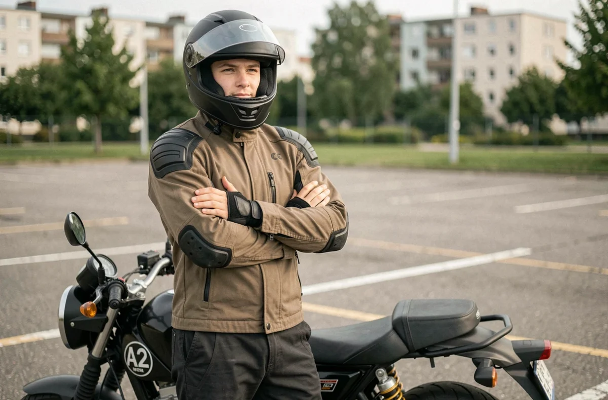 Jeune motard avec permis A2 debout à côté d'une moto homologuée A2 dans un parking urbain