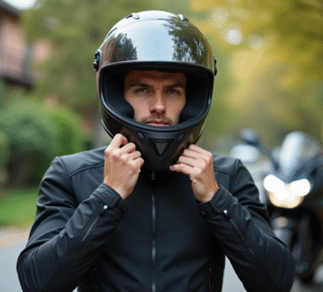 Jeune motard homme ajustant son casque en extérieur