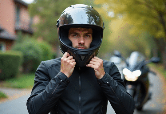 Jeune motard homme ajustant son casque en extérieur