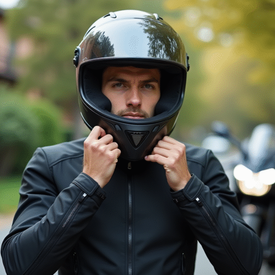 Jeune motard homme ajustant son casque en extérieur