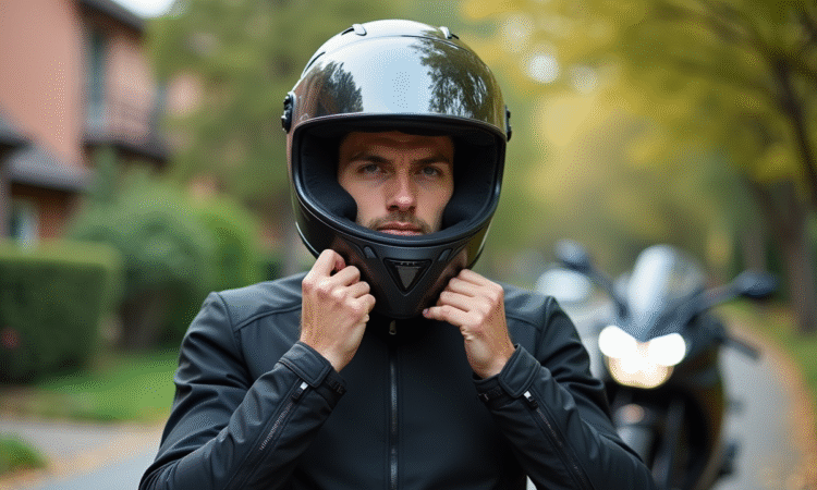 Jeune motard homme ajustant son casque en extérieur