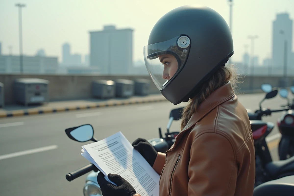Jeune motarde vérifiant ses papiers lors d’un contrôle urbain
