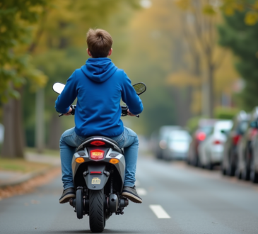 Jeune garçon à scooter dans un quartier résidentiel calme