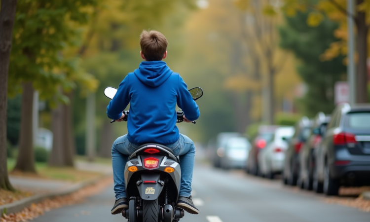 Jeune garçon à scooter dans un quartier résidentiel calme