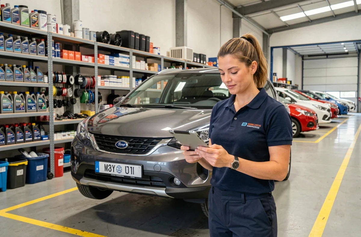 Conseillère de service vérifiant un carnet d'entretien multimarque chez Laurent's Cars en Gironde