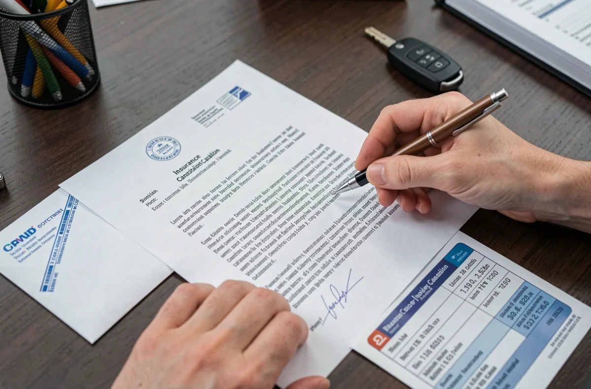 Signature d'une lettre de résiliation d'assurance automobile avec carte grise et enveloppe timbrée sur un bureau