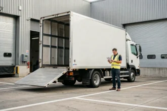 Camion 20m3 avec hayon hydraulique garé devant un entrepôt logistique, manager vérifiant les documents de livraison