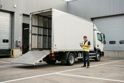 Camion 20m3 avec hayon hydraulique garé devant un entrepôt logistique, manager vérifiant les documents de livraison