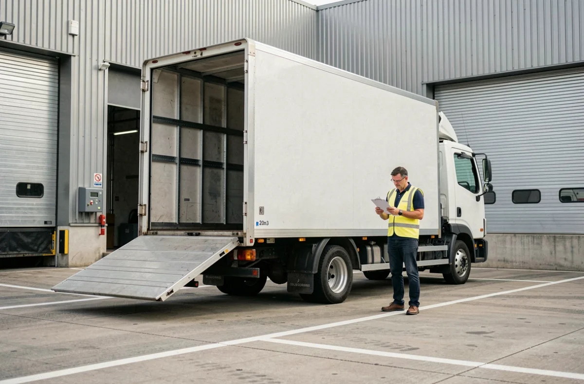 Camion 20m3 avec hayon hydraulique garé devant un entrepôt logistique, manager vérifiant les documents de livraison