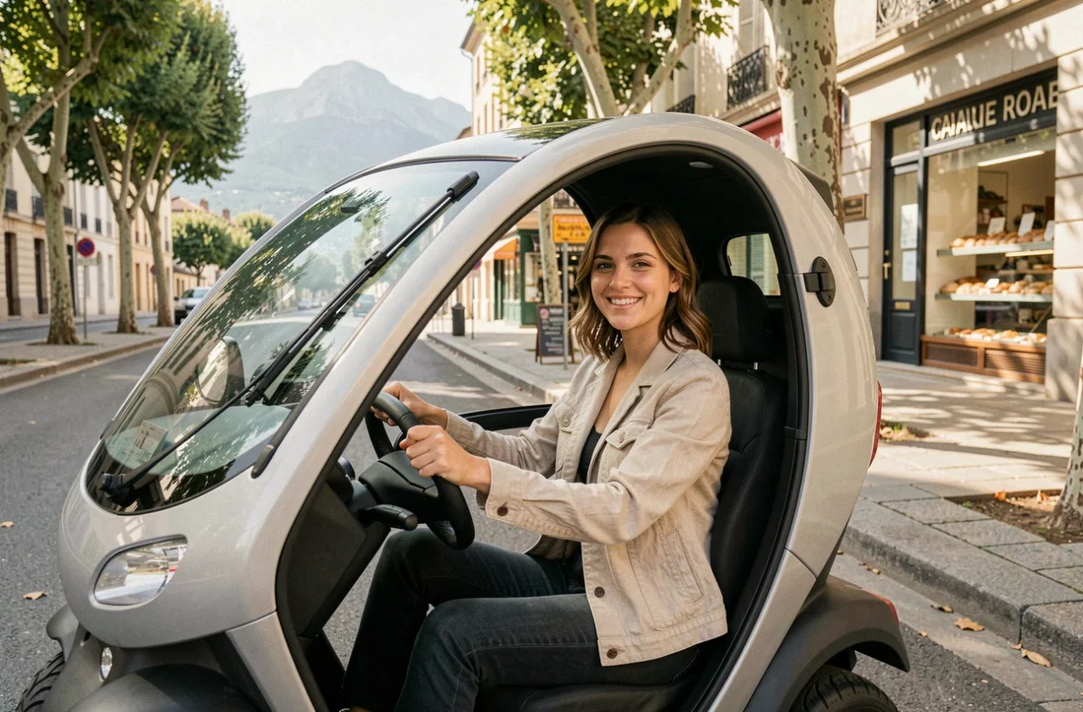 Jeune femme au volant d'une voiture sans permis dans une rue de Pau avec les Pyrénées en arrière-plan
