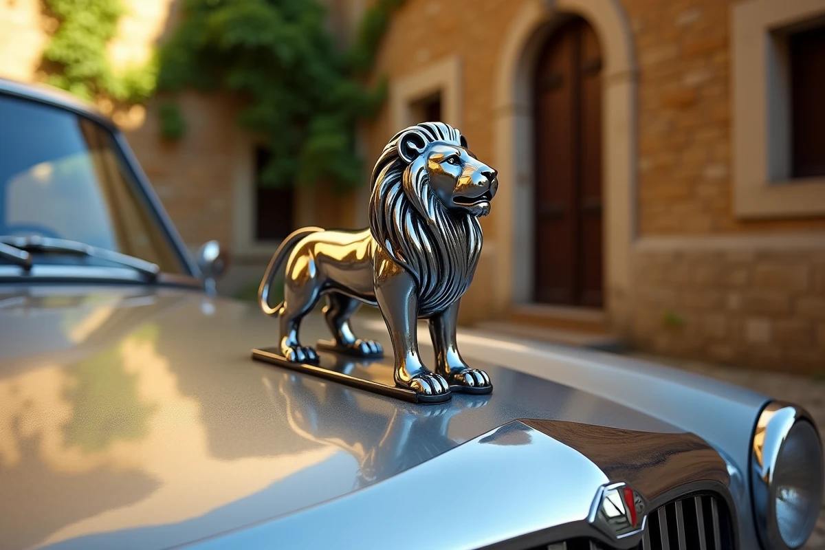 Gros plan hyper-réaliste du logo lion de Peugeot en chrome sur une voiture classique des années 1970, reflets métalliques dans une cour pavée européenne