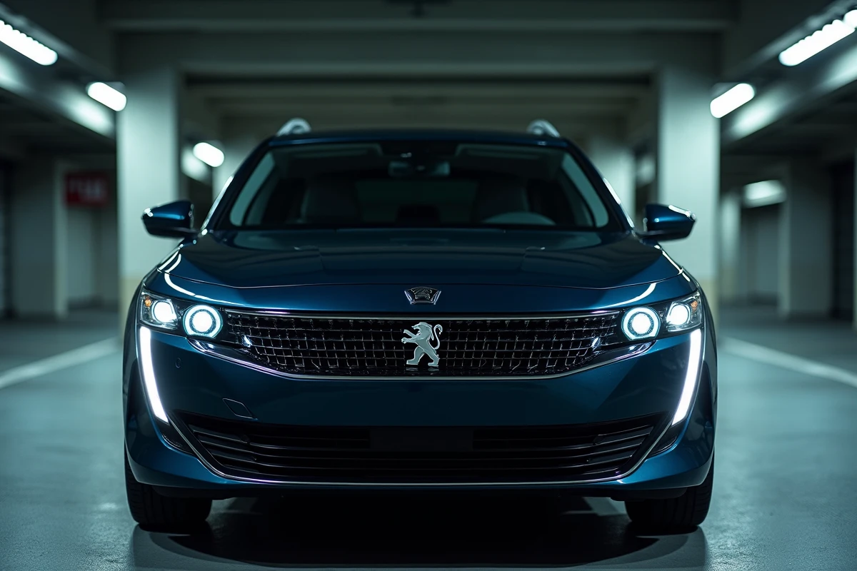 Logo Peugeot moderne en chrome noir sur la calandre d'une Peugeot 408 dans un parking urbain souterrain, esthétique éditoriale contemporaine