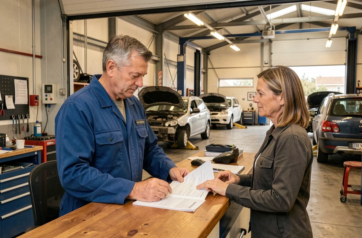 Propriétaire de garage et cliente examinant des documents chez Mandron Automobiles en Gironde