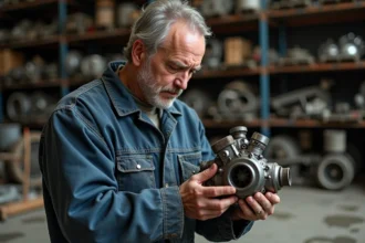 Mécanicien inspectant une pièce moteur de moto dans une casse automobile française