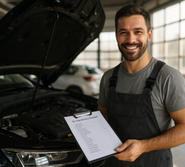 Mécanicien souriant dans un garage moderne avec checklist
