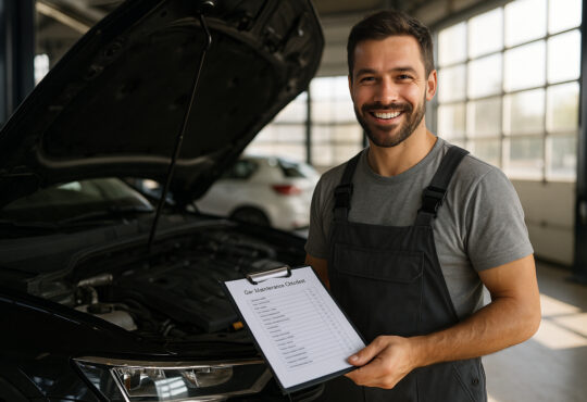Mécanicien souriant dans un garage moderne avec checklist