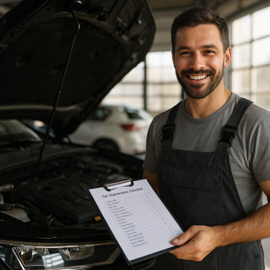 Mécanicien souriant dans un garage moderne avec checklist