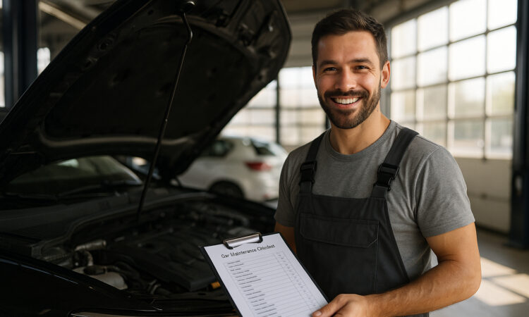 Mécanicien souriant dans un garage moderne avec checklist