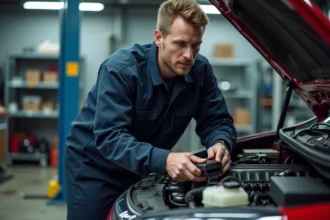 Mécanicien inspectant le moteur 1.6 HDI d'une voiture diesel dans un garage automobile professionnel