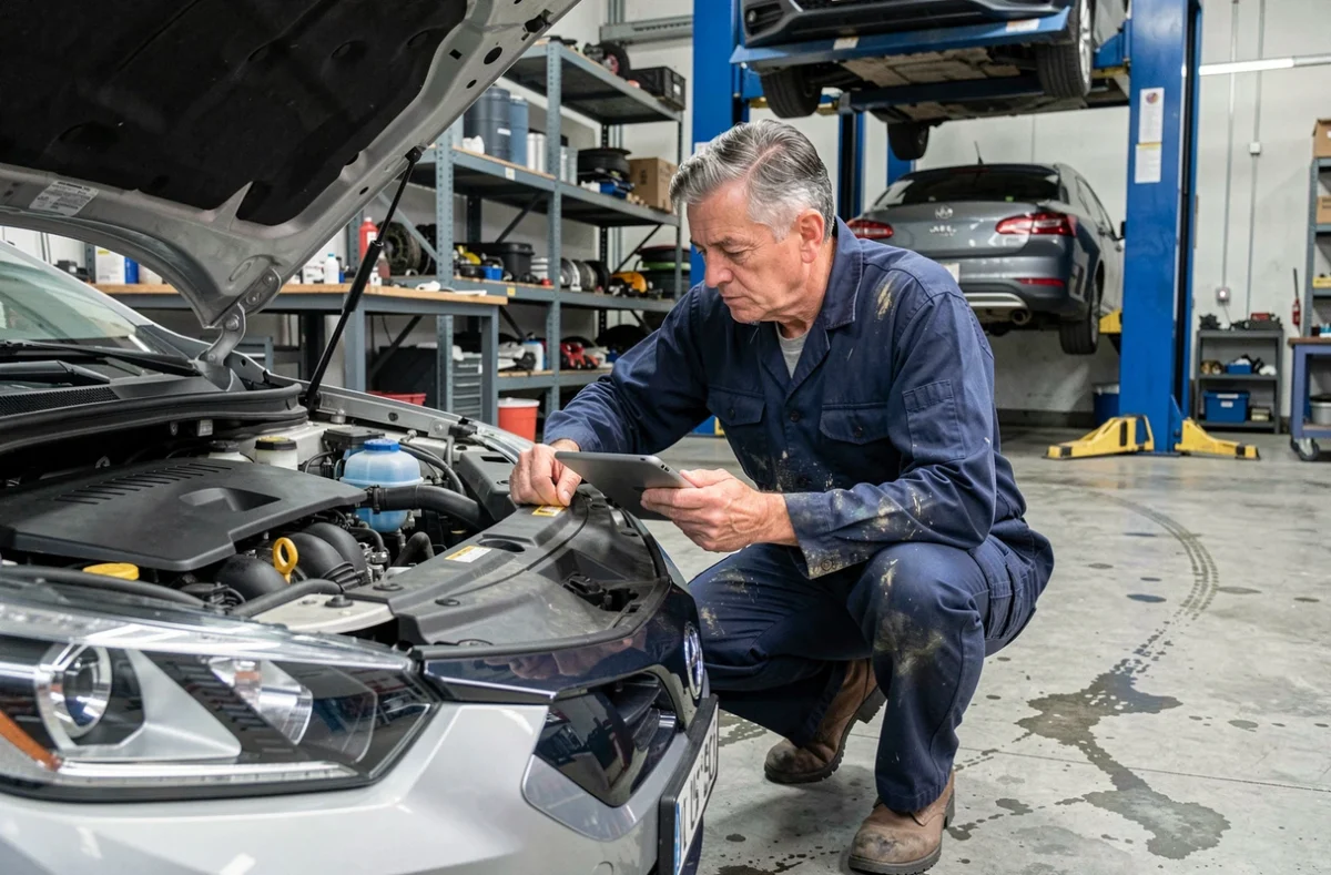 Mécanicien expert inspectant le moteur thermique d'un véhicule hybride dans un atelier automobile, soulignant la complexité mécanique des hybrides non électriques