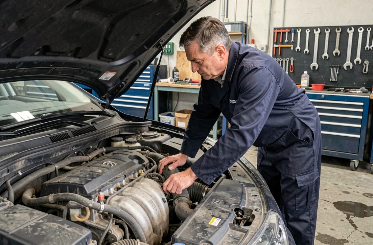 Mécanicien inspectant le moteur d'une Peugeot 308 d'occasion dans un atelier