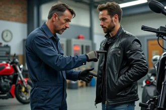 Mecanicien pointant un pneu usé à un jeune motard dans un garage