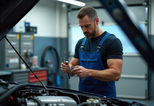 Mécanicien homme ajustant un moteur de voiture moderne