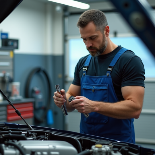 Mécanicien homme ajustant un moteur de voiture moderne