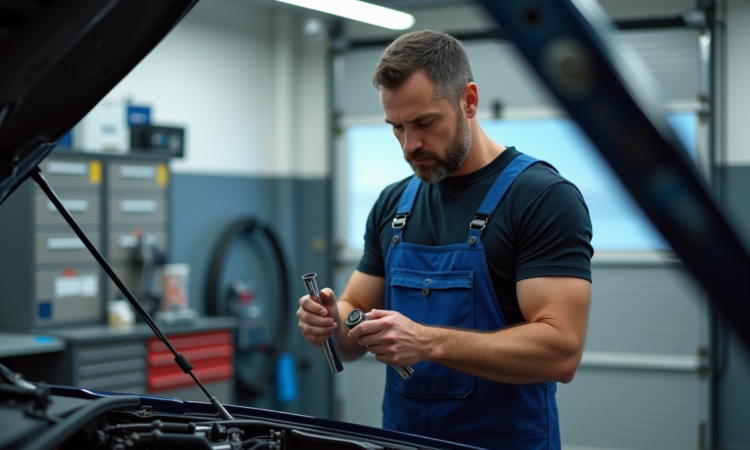 Mécanicien homme ajustant un moteur de voiture moderne