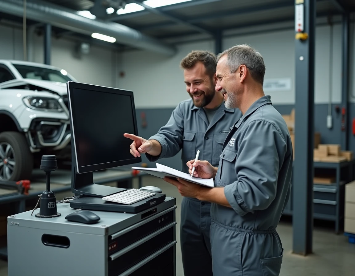 Deux mécaniciens consultant un terminal informatique pour sécuriser une commande de pièces dans un atelier de réparation automobile professionnel