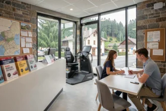 Vue d'ensemble d'une auto-école dans les Vosges avec un instructeur et un élève à l'accueil