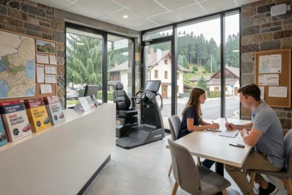 Vue d'ensemble d'une auto-école dans les Vosges avec un instructeur et un élève à l'accueil