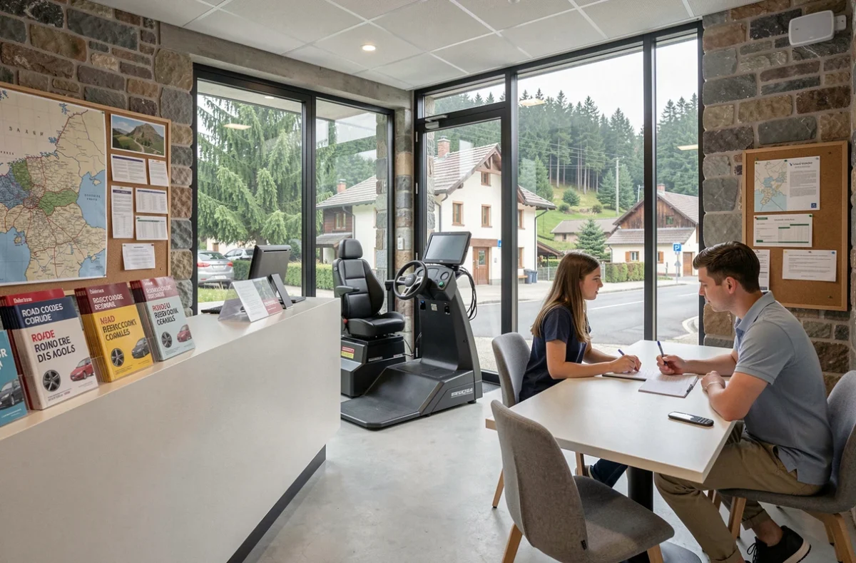 Vue d'ensemble d'une auto-école dans les Vosges avec un instructeur et un élève à l'accueil